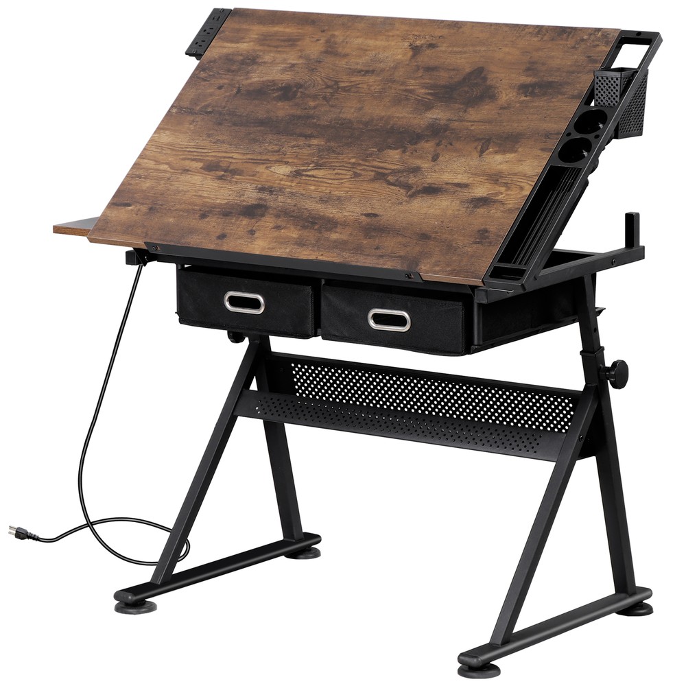 Adjustable Drafting Table & Stool Set Artist Desk with Charging Station Retro