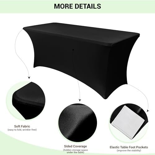 Obstal 6ft Black Spandex Table Cloth, 2 Pack, Fitted Rectangular