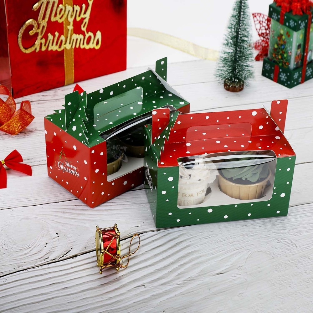 15 Pcs Christmas Cupcake Boxes with Window,Insert and Handle Holds 2 Standard...