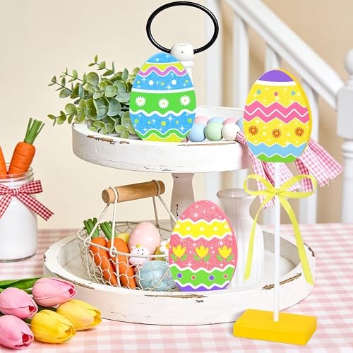3 Pcs Easter Table Decorations, Easter Tiered Tray Decor, Colorful Wooden