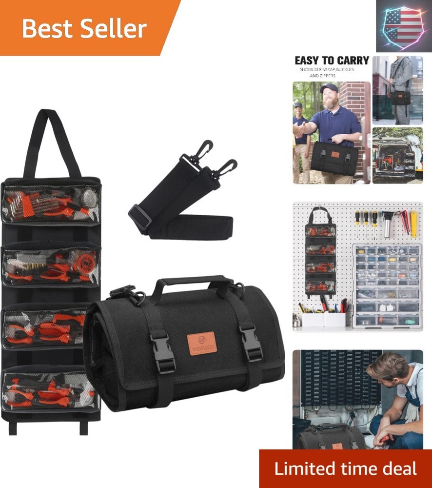 Tool Roll - Canvas Wrench Tool Organizer with 4 Pockets Black