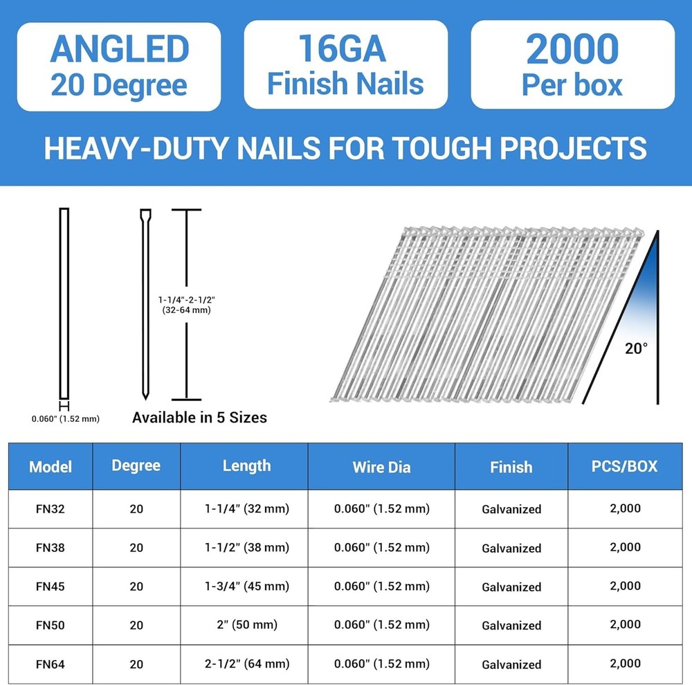 Angled Finish Nails 2" - 16 Gauge Galvanized - 2000 Pack