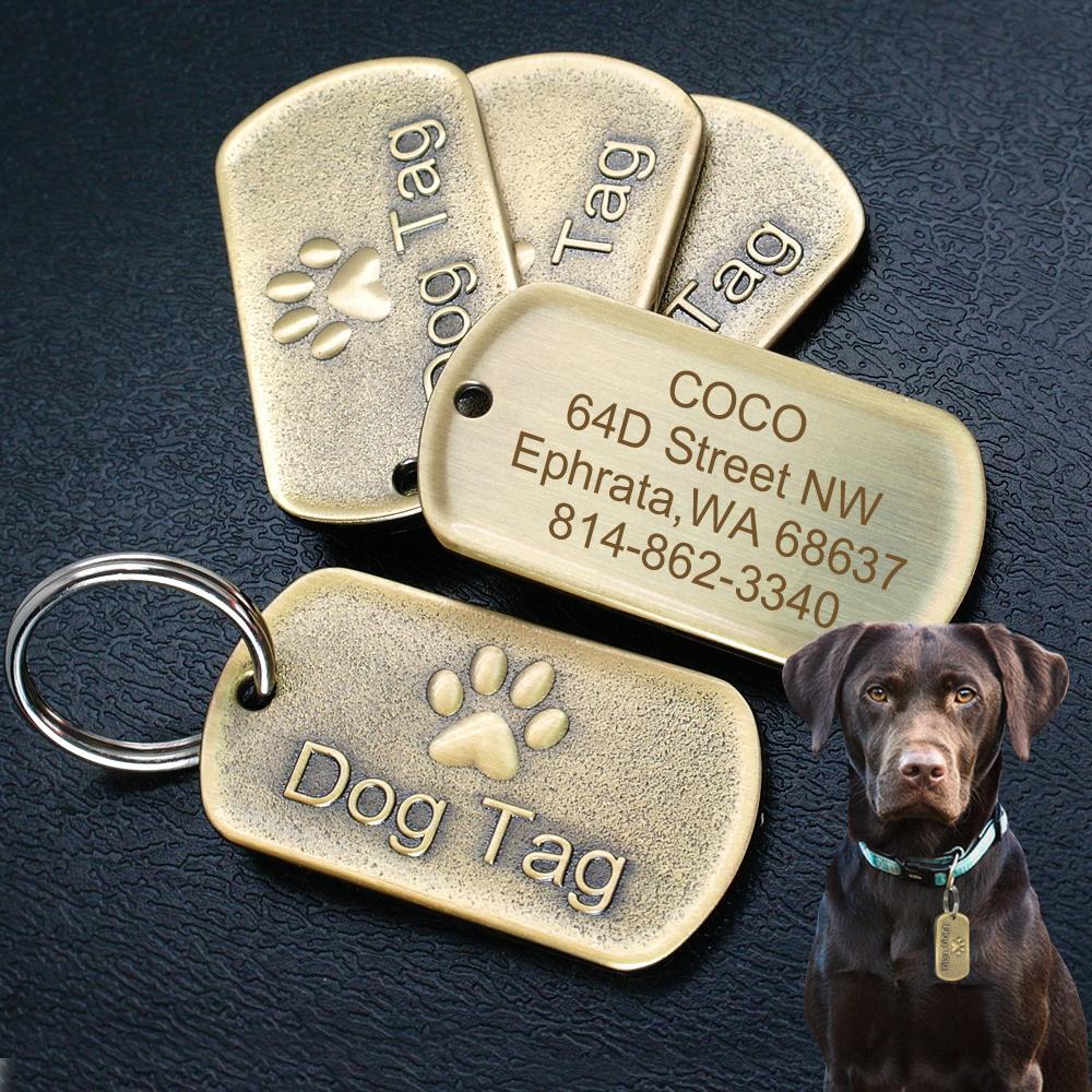 BRASS DOG TAGS RECTANGLE PERSONALIZED CUSTOM PET NAME ID ENGRAVED FOR COLLAR