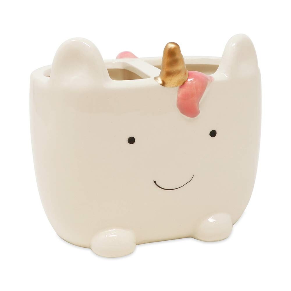 Isaac Jacobs White Ceramic Unicorn Makeup Brush Holder, Multi-Purpose 2-Secti...