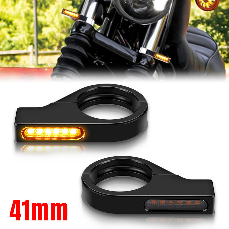 2X Motorcycle 41mm Fork Mount Clamp Front LED Turn Signals Blinker Light Amber