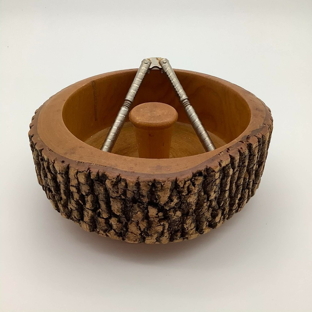 Vintage Rustic Ware Nut Cracker Bowl, Tree Bark, With 1 Pick