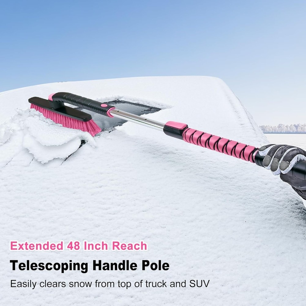 48-Inch Extendable Snow Brush & Ice Scraper with 360° Pivot for SUVs - Pink