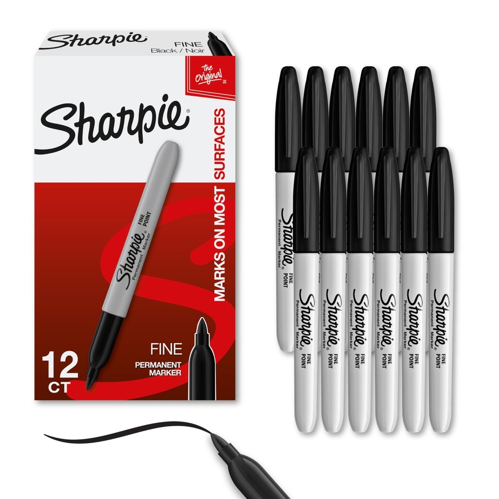 Sharpie Permanent Markers, Fine Tip, Black, 12 Count - For 12 Count, Black