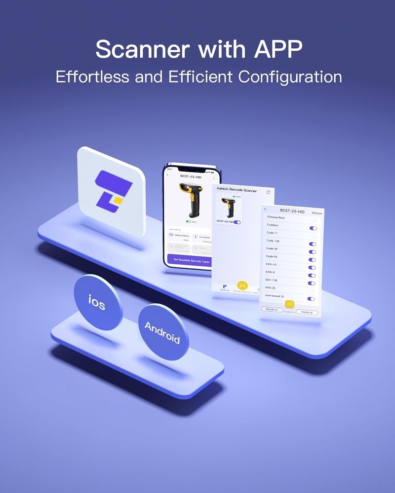 Inateck 2D Barcode Scanner, Wireless QR Code Scanner, Handheld Scanner APP SDK