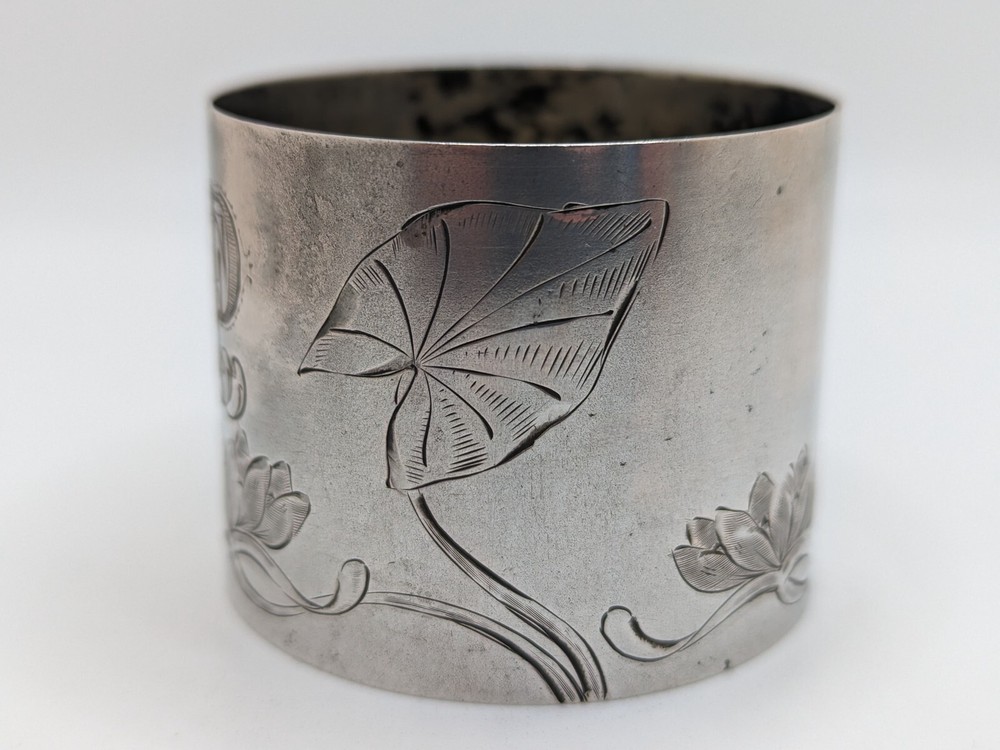 Antique German 800 Silver Napkin Ring "FP" initials, beautiful lily etching