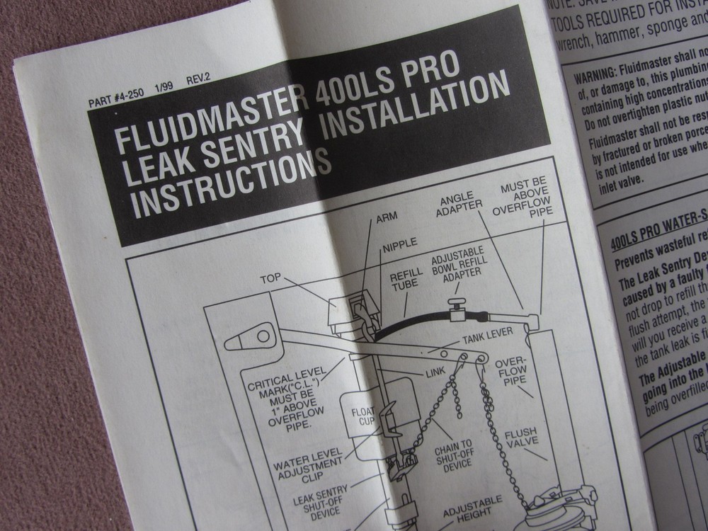 Original 1999 Fluidmaster 400LS Pro Leak Sentry Installation Instructions