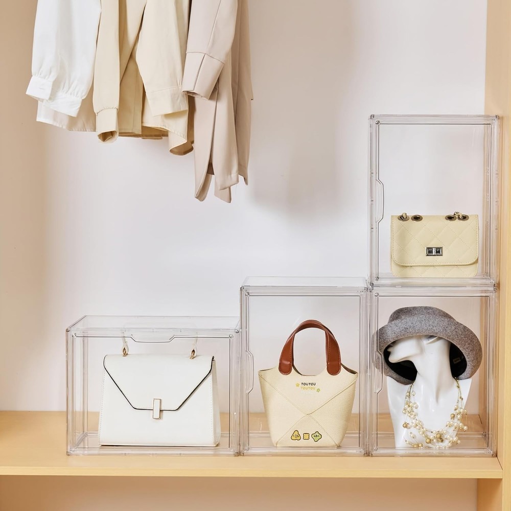 Clear Acrylic Display Case, Stackable Plastic Storage Bins with Magnetic Attr...