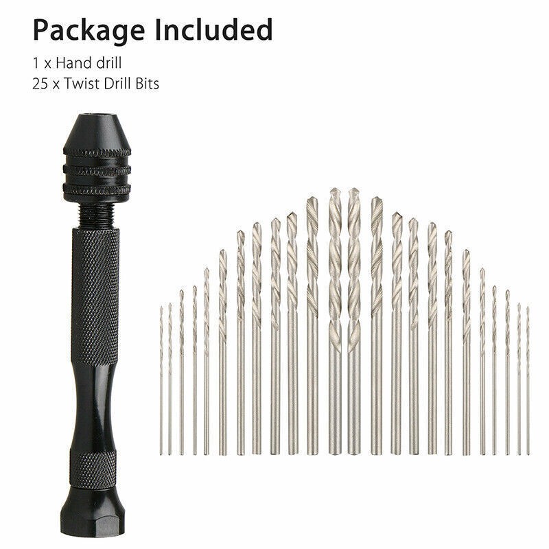 26Pcs Mini Micro Hand Drill Bits Small Manual Keyless Chuck Pin Vise Rotary Tool