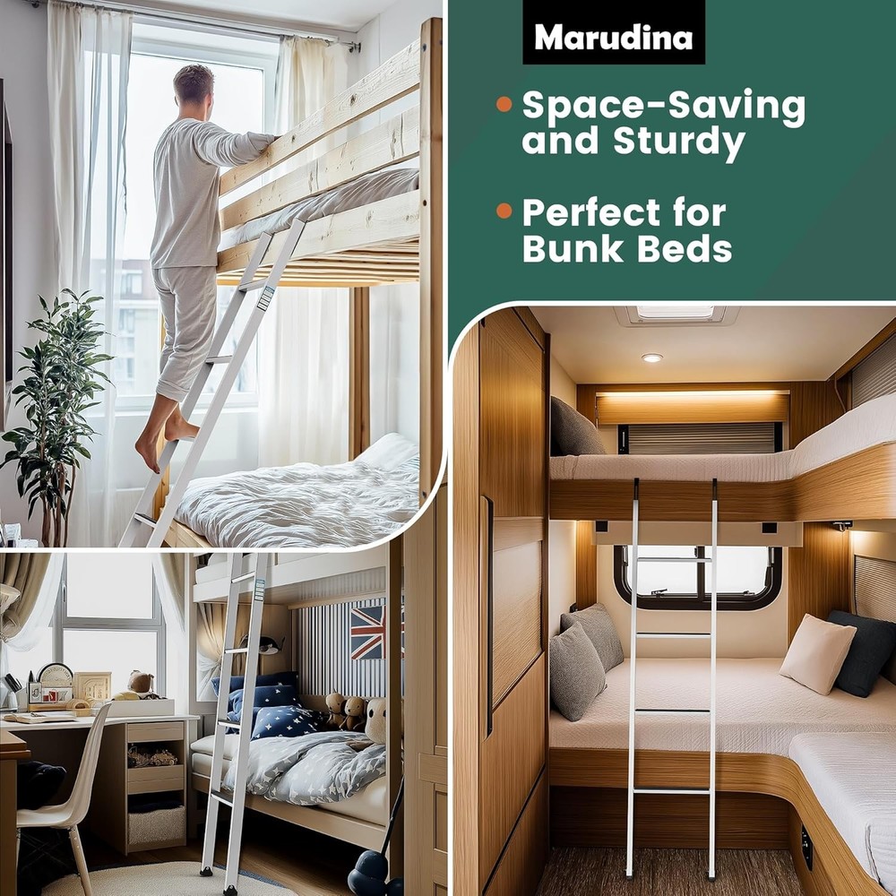 Integrated Step Ladder with 57"-61" Height Range，bunk 1.2" White