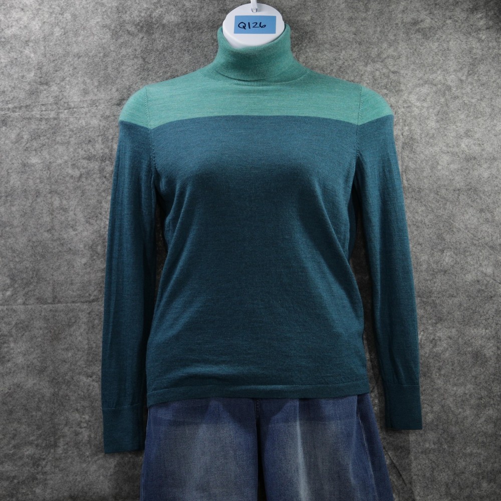 Talbots Sweater Womens Large Blue Merino Wool Turtleneck Colorblock Pullover