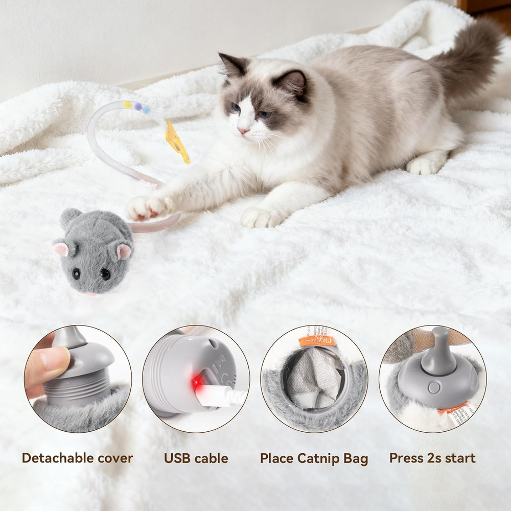 Interactive Migimouse Cat Toy 360° Rolling & Spin with Mesh Plastic Tail for Ind