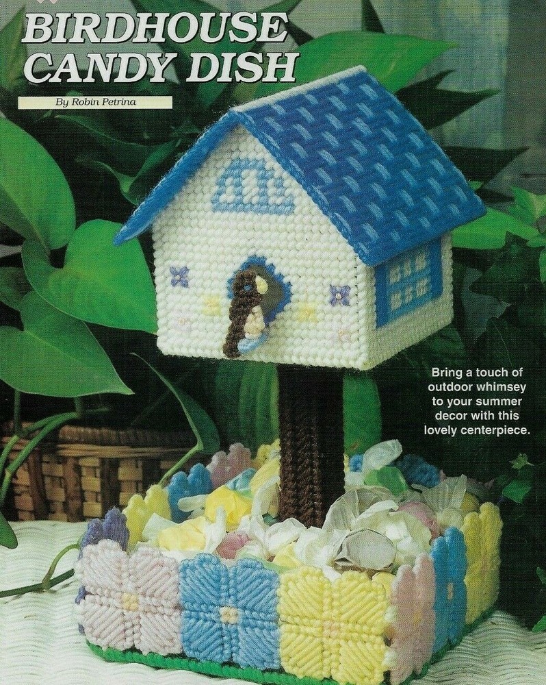 BIRDHOUSE CANDY DISH HOME DECOR PLASTIC CANVAS PATTERN INSTRUCTIONS