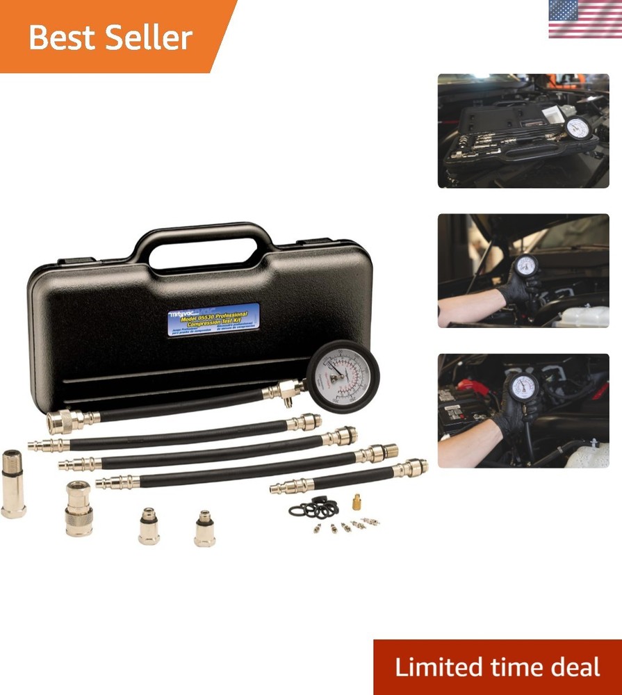Portable Engine Compression Testing Kit with Quick-Disk Coupler & 300 PSI Gauge