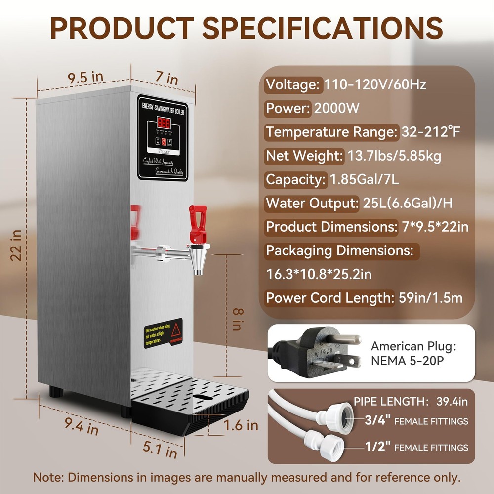 Vtsmax 2000W Commercial Hot Water Dispenser Countertop, 25L(6.6Gal) /H Energy