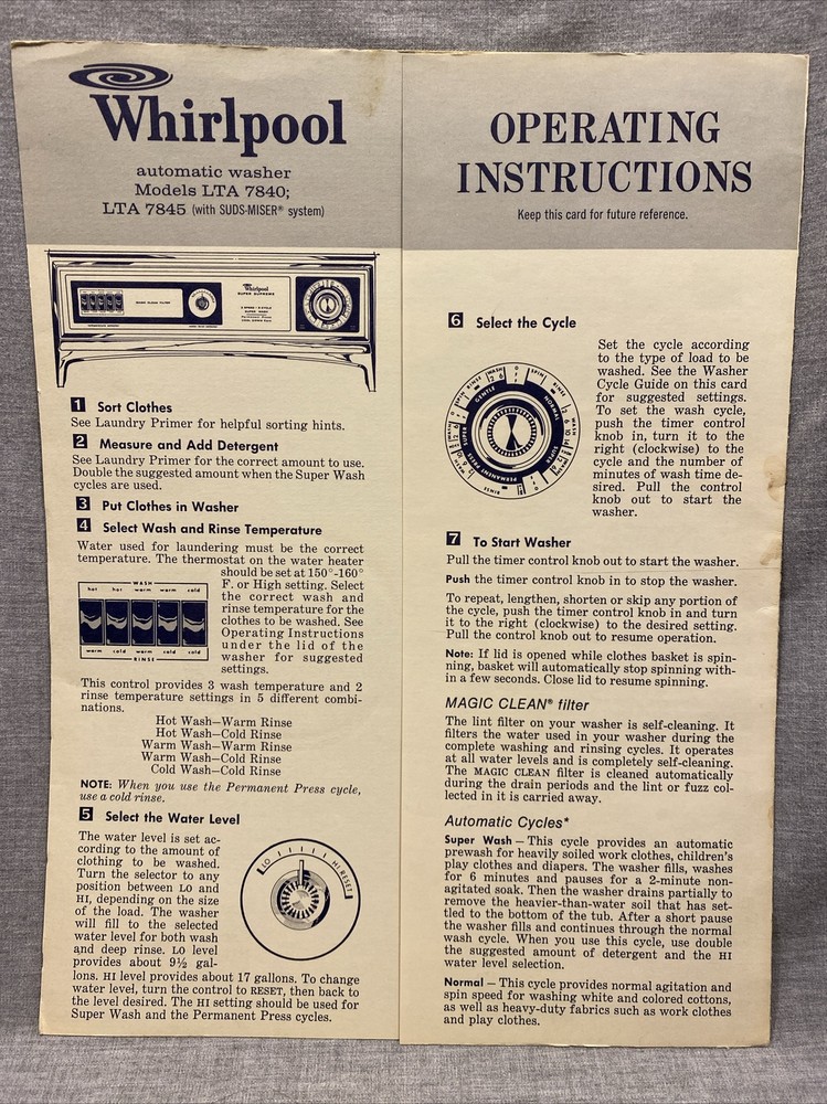 “Vinage” Whirlpool Automatic Washer Guide. Models LTA 7840; LTA 7845