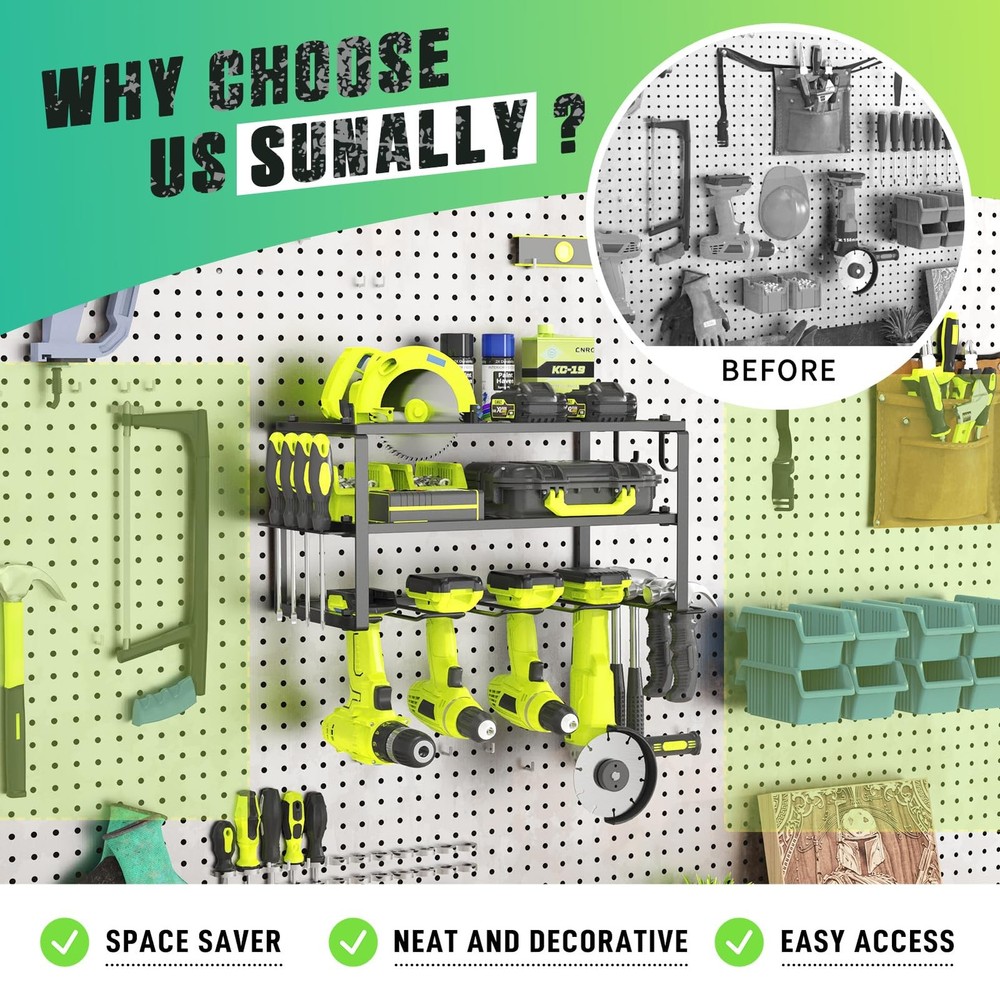 Power Tool Organizer 3 Tier Wall Mounted Rack with 4 Drill Holders