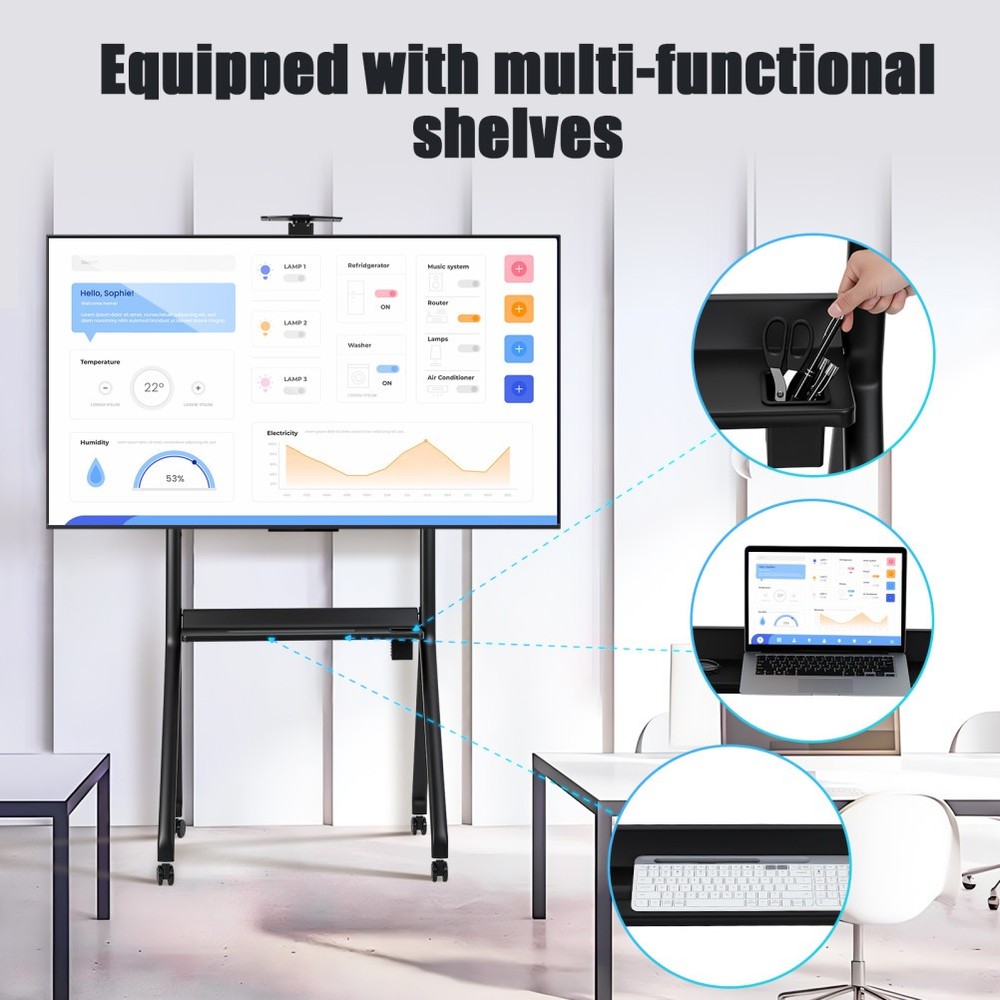 Smart Board Stand for 42"-86"Interactive Whiteboard Mobile Lockable Wheels Black