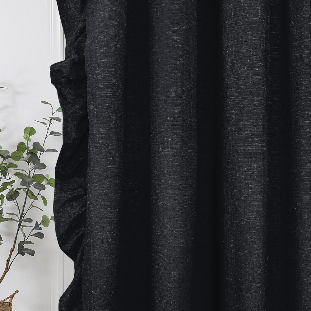 Linen Window Curtain 2 Panel Set, Rustic Style Decoration Ruffled Edge Tie Backs