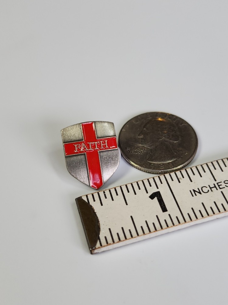 Faith Shield Religious Lapel Pin Silver & Red Colors
