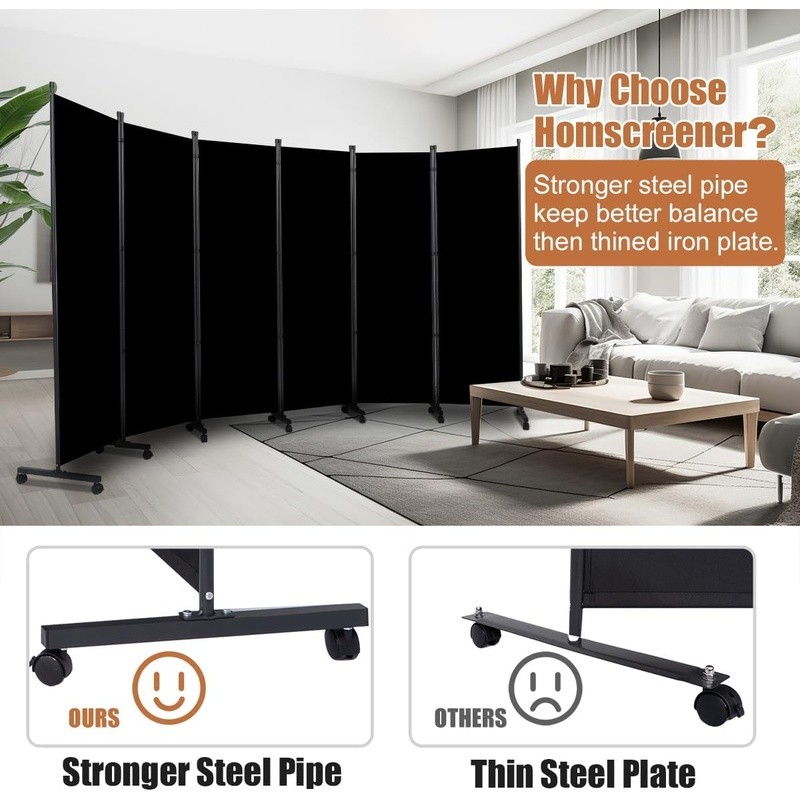 Portable 6 Panel Room Divider Adjustable Rolling Privacy Screen W/ Wheels New
