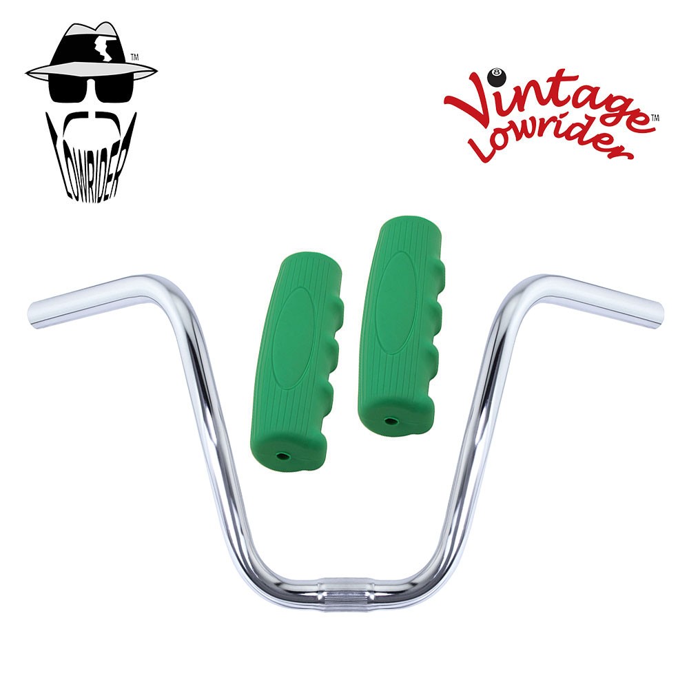 Original Lowrider 9" 25.4 D Handlebar Chrome 0214 120mm Grips Solid/Green