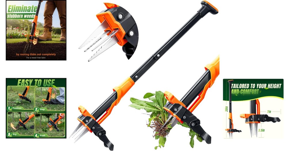 Heavy-Duty Weed Puller Tool - 39-46 Inch Adjustable Handle, No Bending Needed