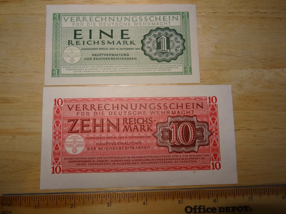 WWII German Military issued Currency Script 2 pieces from same year -- NEAR MINT