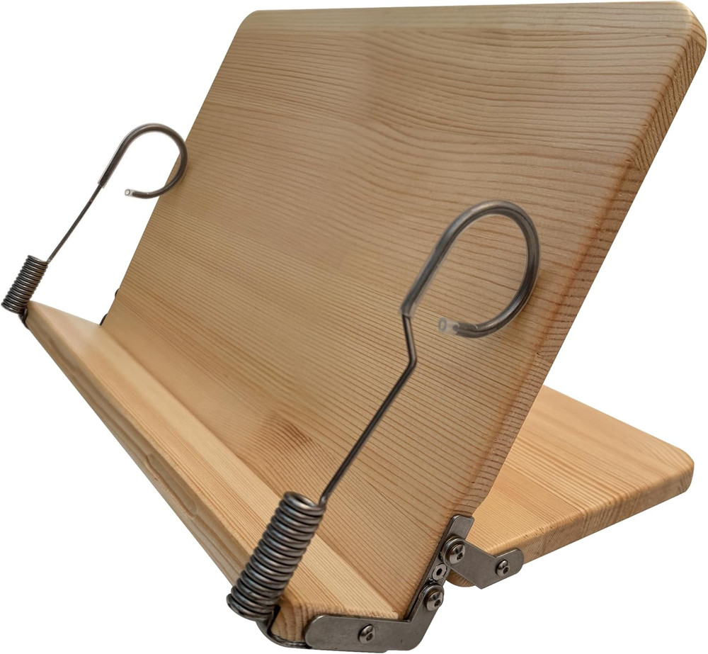 Book Stand, Cookbook Stand, Book Holder, (Solid Wood, Stainless Steel Spring Cli