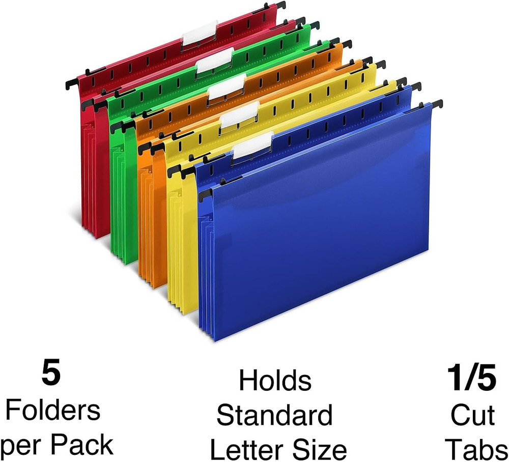 Poly Expanding Hanging File Pockets, Letter, Assorted, 5/Pack