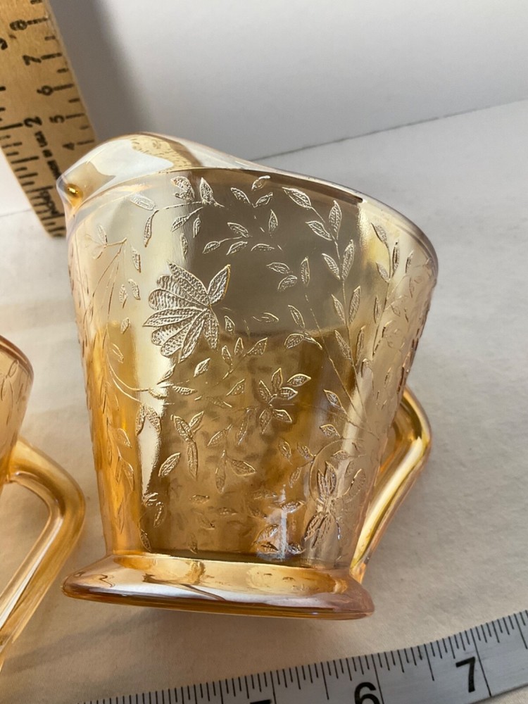 Amber glass floral design cream and sugar square bottom