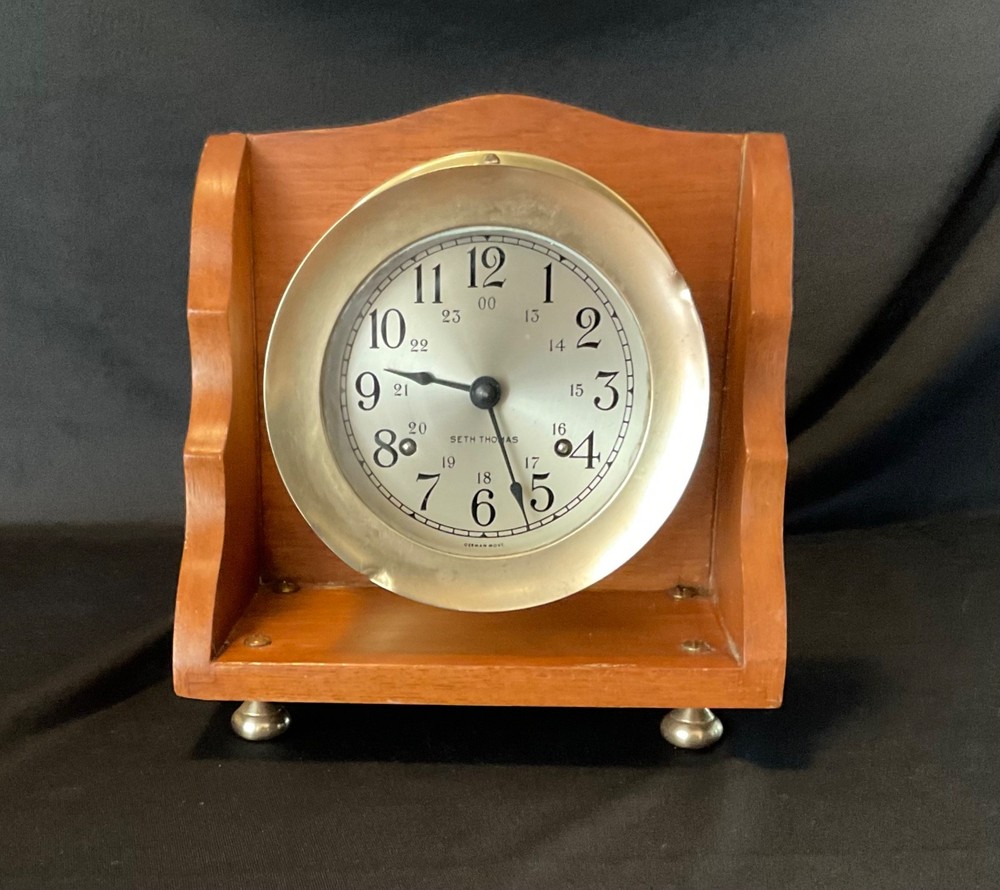 Vintage Seth Thomas 8 Day Ships Bell Clock Working Stand Included