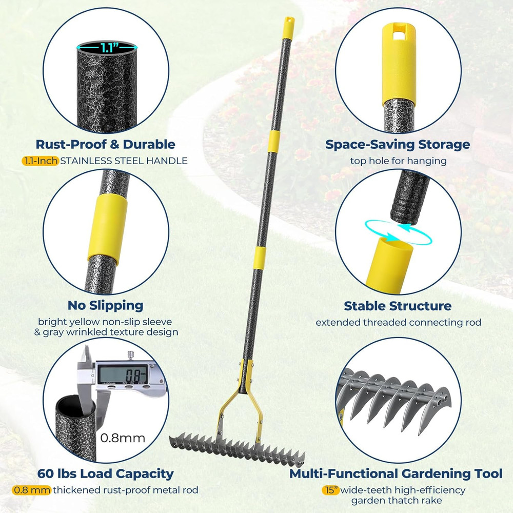 70" Heavy Duty Metal Dethatcher Rake with 15" Double-Edged Sharp Tines