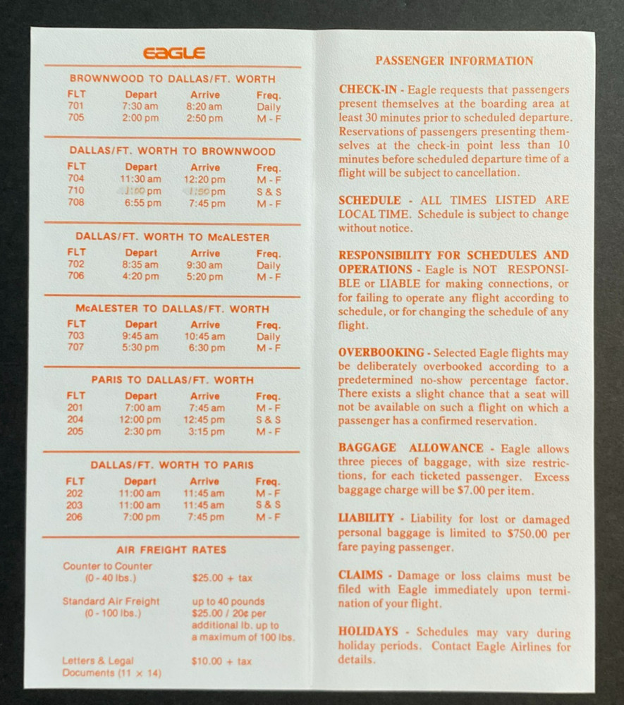 Eagle Airlines Timetable Effective (Undated)