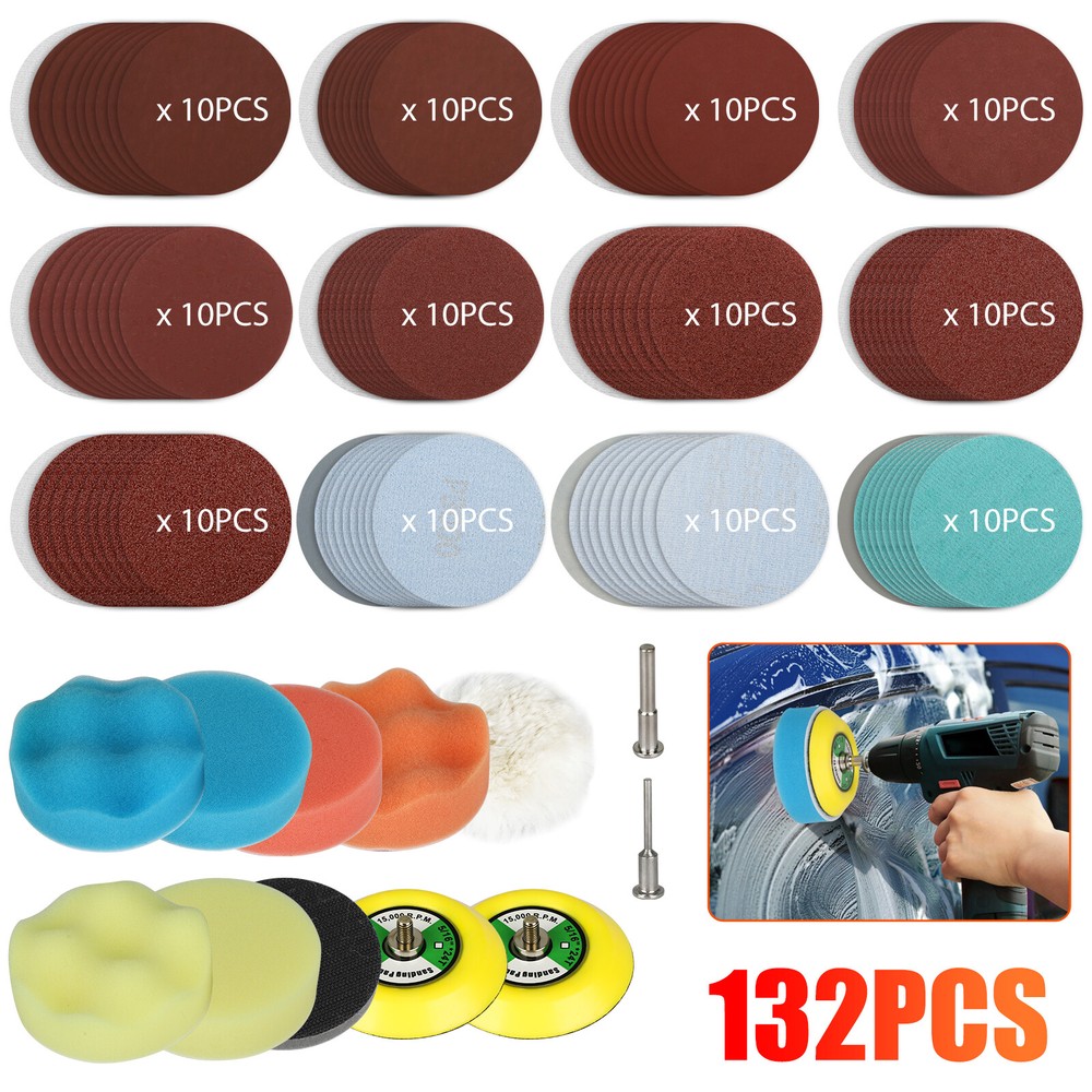 132Pcs 3" Sanding Discs Foam Buffering Sponge Pad Sander Paper + Drill Adapter