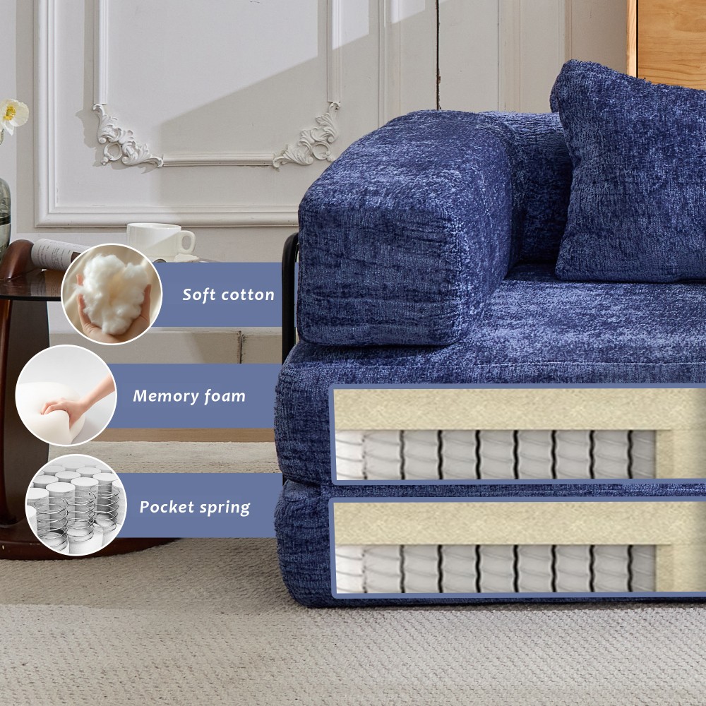 Foldable Sofa Bed with Memory Foam - Dark Blue Chenille Fabric