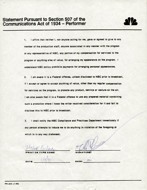 ITZHAK PERLMAN - DOCUMENT SIGNED 01/09/1991