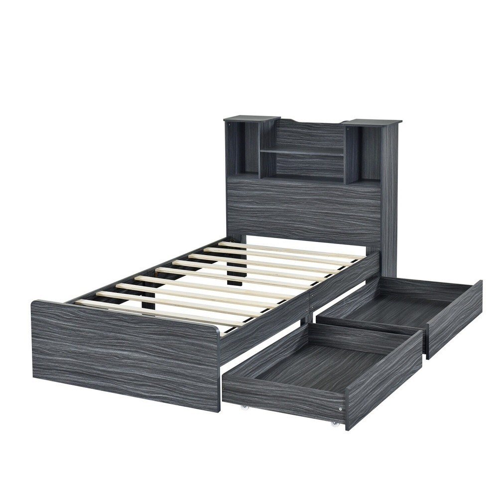 Twin Size Bed Frame Wood Platform Bed with Storage Shelf & Drawer & LED Light US