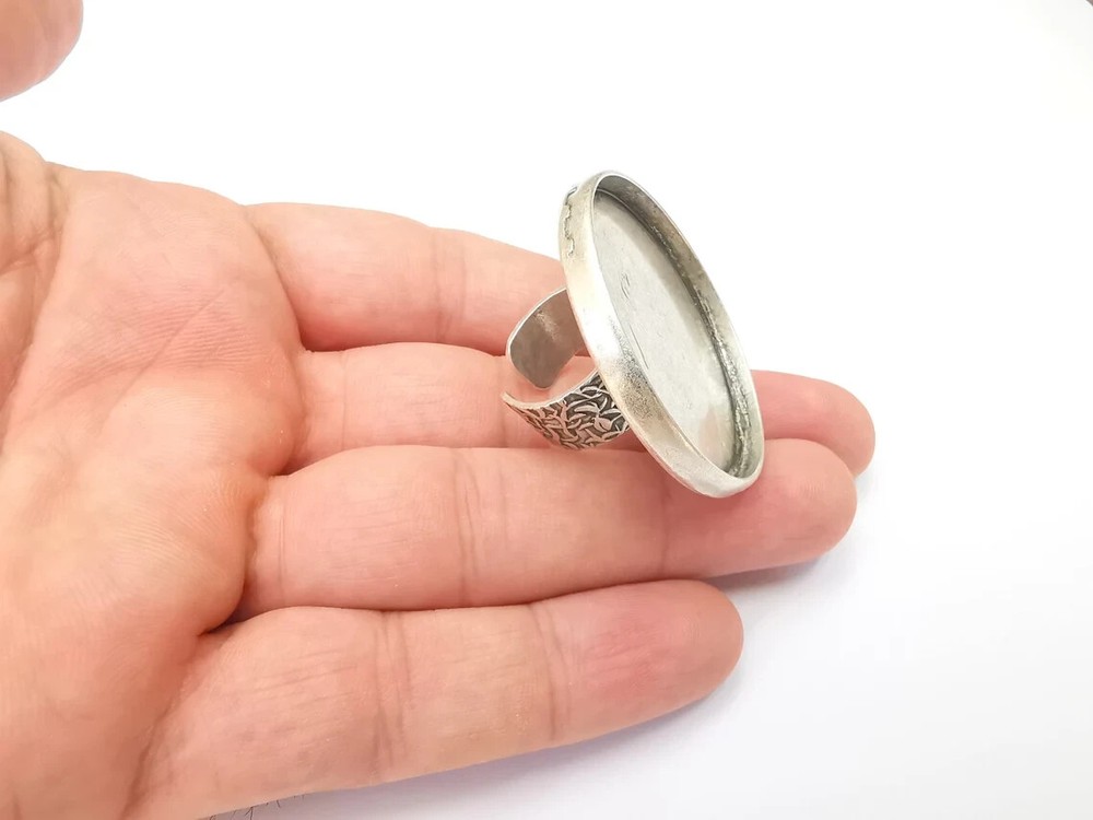 Round Antique Silver Ring Blank Setting, Cabochon Mounting, Adjustable Resin