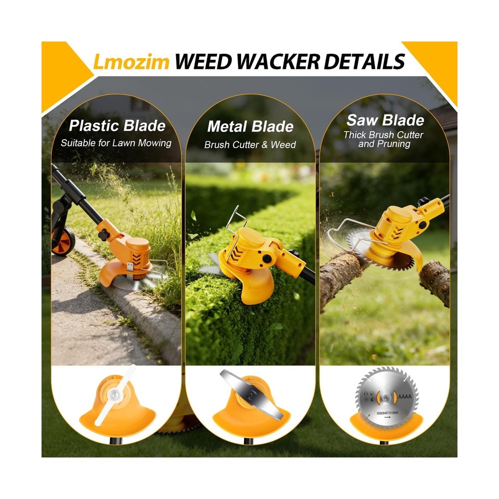 Electric Weed Wacker Cordless, Electric String Trimmer with 3 Types Blades & ...