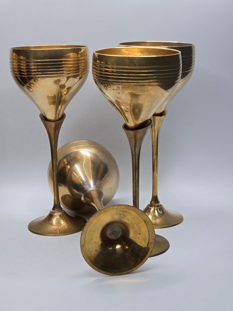 Vintage S/4 Solid Brass Goblets Tulip Stem • 7.5"H • India