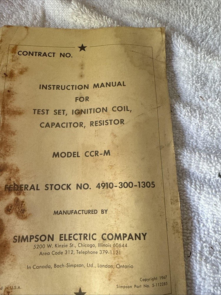 Simpson Electric Test Set: Ignition Coil, Capacitor, Resistor. Model CCR-M