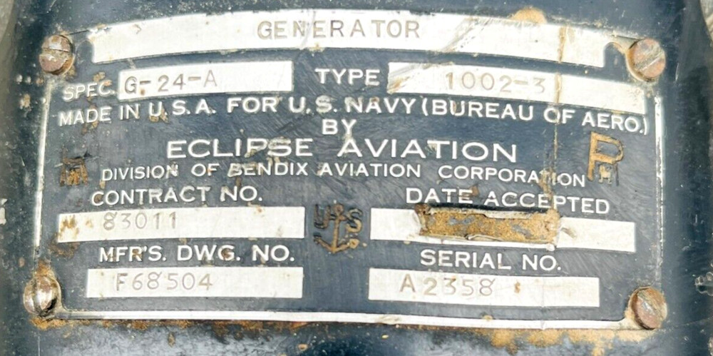 US Naval Air Station Eclipse Aviation Generator Type 310 Model 27 Type 1002-3
