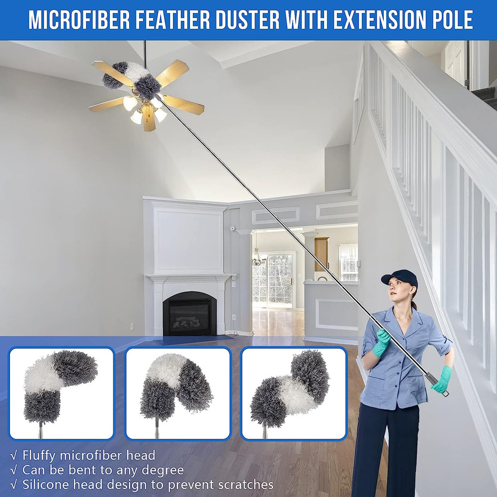 Microfiber Feather Duster Kit with Extension Pole (30–100") – Bendable Washable