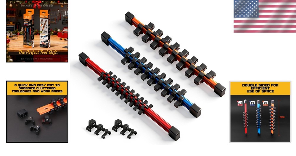 3-Pcs ABS Socket Holders for 1/4, 3/8, 1/2-Inch Sockets - Color-Coded