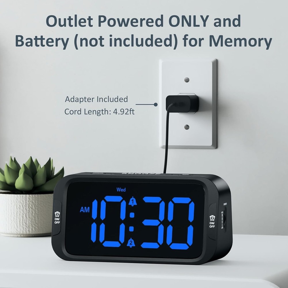 Versatile USB Charging Alarm Clock with Compact Design & Dimmer – Black/Blue LED